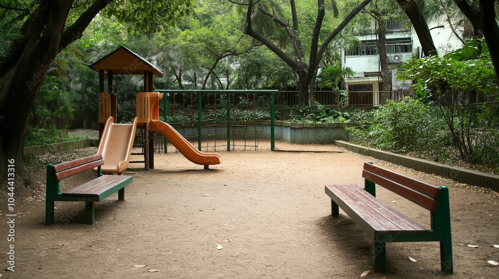 Playground with slides and benches in green park area Playground with slides and benches in green park area