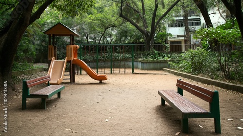 Wallpaper Mural Playground with slides and benches in green park area Torontodigital.ca