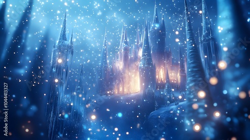 A shimmering ice castle where walls glow with soft light snow around sparkling like diamonds with glowing snowflakes dancing through the air photo