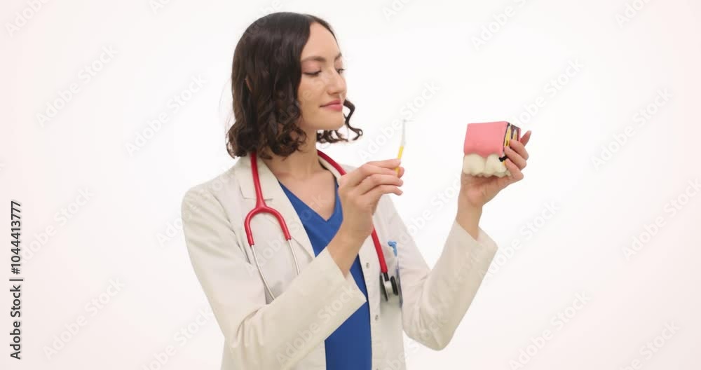 Woman dentist shows teeth brushing method with interdental brush on white. Female doctor in coat uses artificial model for clear explanation Woman dentist shows teeth brushing method with interdental brush on white. Female doctor in coat uses artificial model for clear explanation