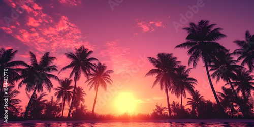 Palm trees at sunset on a tropical island beach with golden hues 