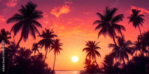 Beautiful palm trees on a tropical beach at sunset with vivid colors