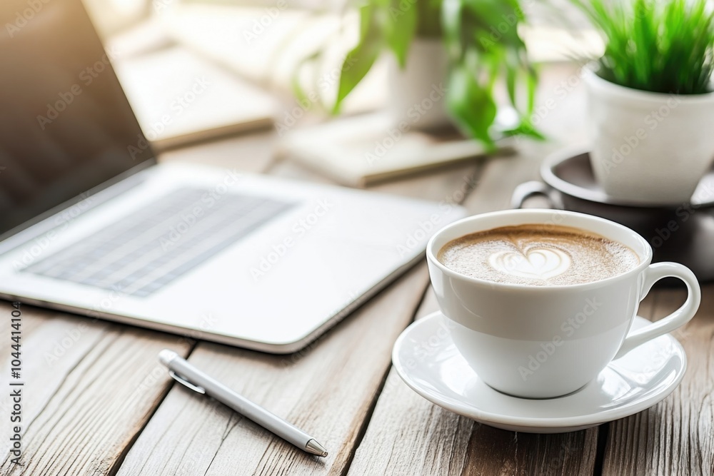 A modern office desk with a laptop, a cup of coffee, and a notebook, representing a productive work environment fueled by caffeine A modern office desk with a laptop, a cup of coffee, and a notebook, representing a productive work environment fueled by caffeine