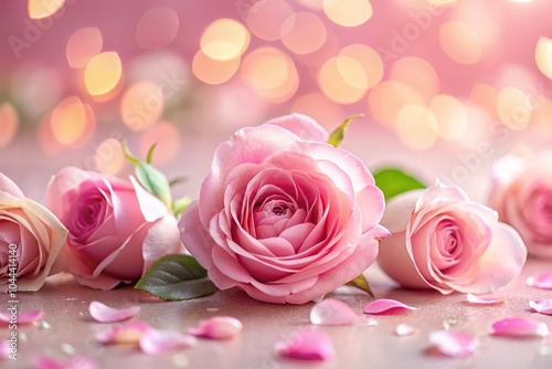 Aesthetic arrangement of delicate pink rose petals and flowers rests on a soft pink background, creating a visually pleasing and harmonious display of gentle beauty.