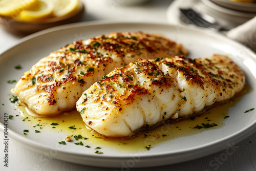 Fine dining chef cooking grilled fish fillet in creamy butter lemon or cajun spicy sauce with herbs