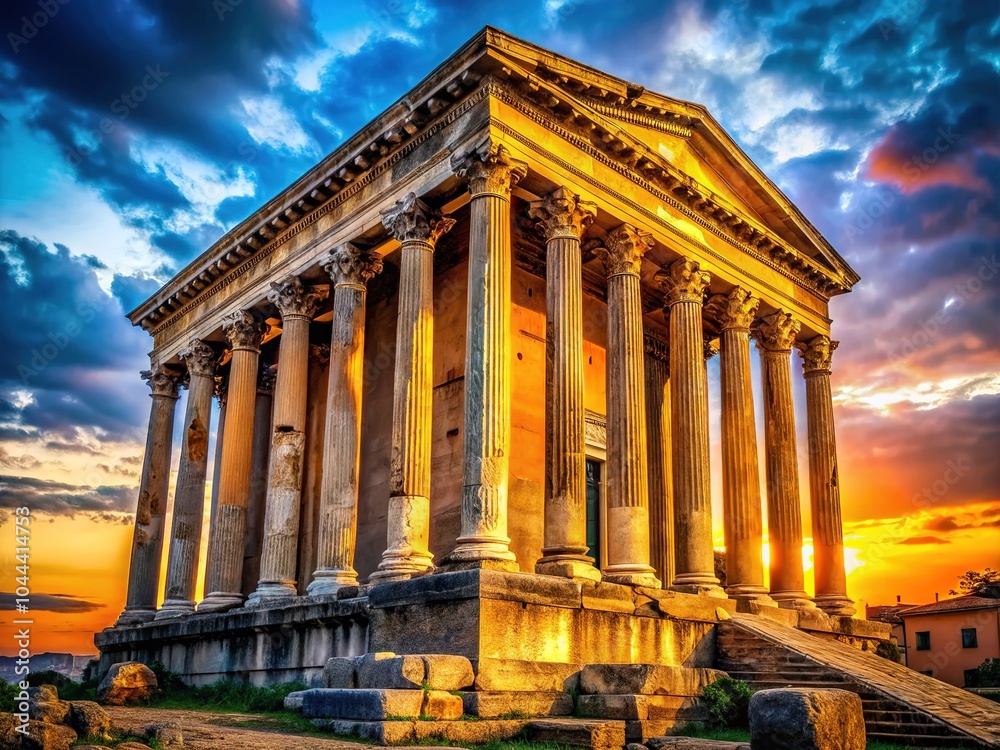 Fototapeta premium An awe-inspiring Roman temple that highlights architectural brilliance and quintessential characteristics of timeless classical civilization, reflecting its lasting impact on culture and history.
