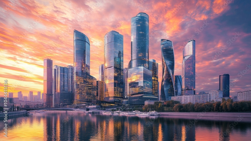 Fototapeta premium illustration of a modern city surrounded by water with a beautiful sunset