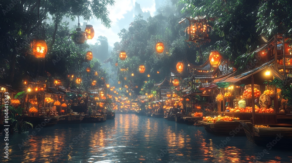 A fantastical market on a floating island with stalls selling glowing fruits and magical artifacts bustling with lively creatures A fantastical market on a floating island with stalls selling glowing fruits and magical artifacts bustling with lively creatures