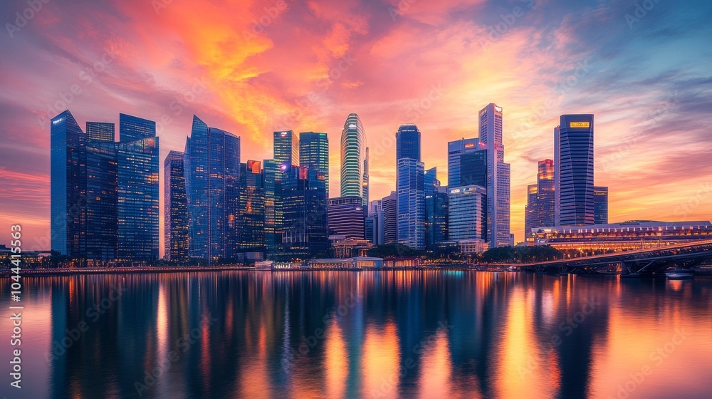 Fototapeta premium illustration of a modern city surrounded by water with a beautiful sunset