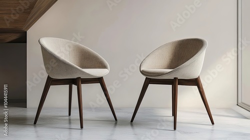 Two Modern Upholstered Chairs with Wooden Legs photo