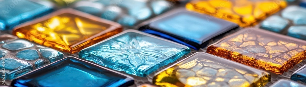 Recycled glass tiles with intricate patterns, sustainable building materials, close-up view, high-definition, vibrant colors Recycled glass tiles with intricate patterns, sustainable building materials, close-up view, high-definition, vibrant colors
