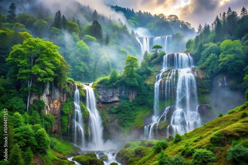 Reflected waterfalls cascading down misty mountainside forest