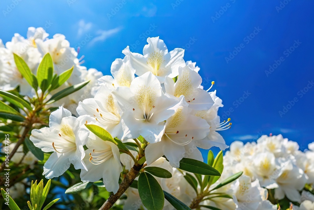 Reflected white rhododendron flowers against the blue sky
