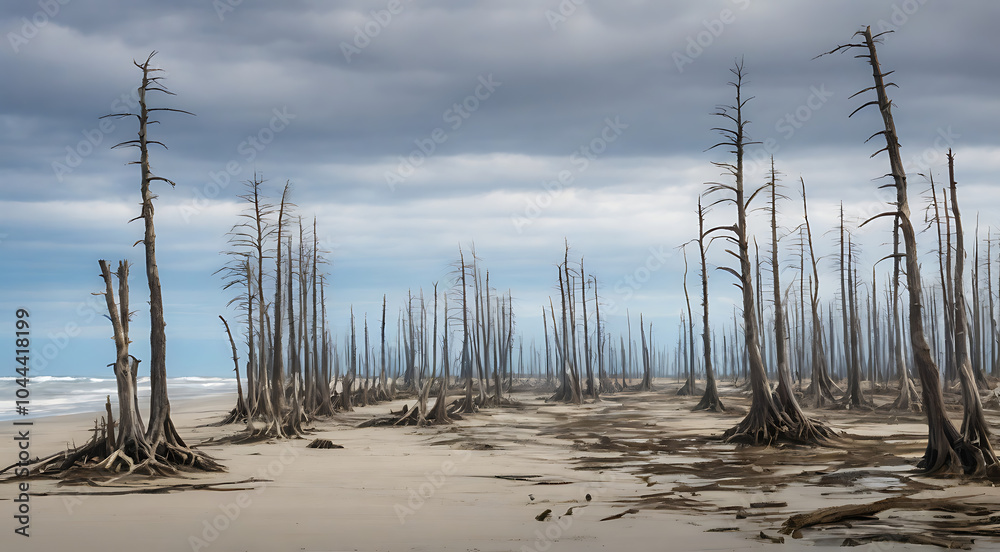 A coastal forest of dead trees, standing starkly against the rising sea levels, symbolizing the A coastal forest of dead trees, standing starkly against the rising sea levels, symbolizing the