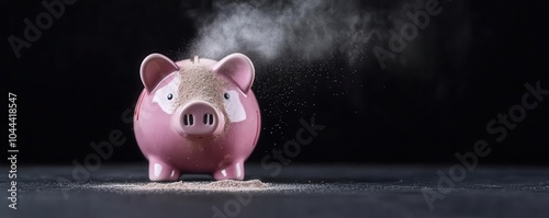 Broken piggy bank with dust falling out, symbolizing personal savings drained by austerity measures, economic crisis, depression, austerity measures photo