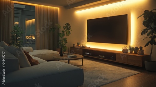 Modern living room with a large TV and a white sofa