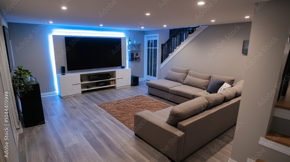 Modern Home Theater Room with Sectional Sofa and Blue LED Lighting Modern Home Theater Room with Sectional Sofa and Blue LED Lighting