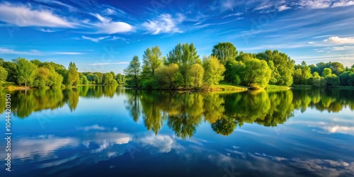 Reflective harmony of trees and sky in a serene lake macro