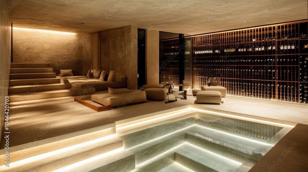 Obraz premium Modern Interior Design with Wine Cellar, Pool, and Seating Area