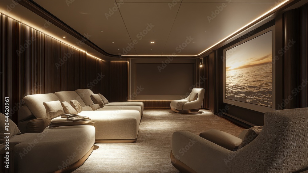 Modern, Luxurious Home Theater with a View of the Sunset Ocean Modern, Luxurious Home Theater with a View of the Sunset Ocean