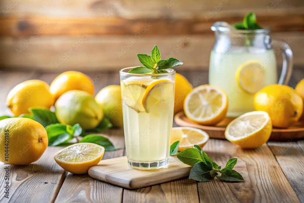 Fototapeta premium Refreshing and healthy fresh cut lemonade with lemon water in a jar on a light wooden background