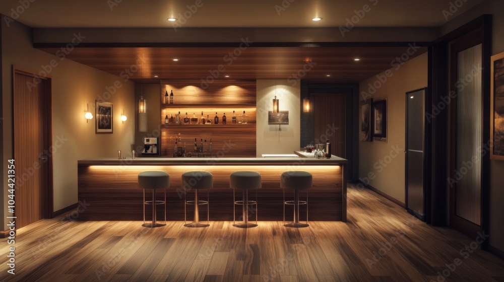 Modern Home Bar with Wooden Countertop and Glass Stools Modern Home Bar with Wooden Countertop and Glass Stools