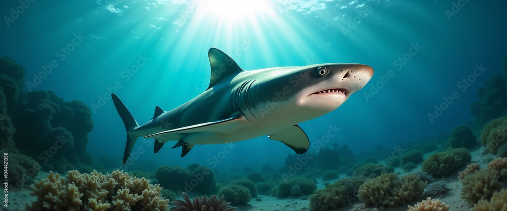 Fototapeta premium Majestic Great White Shark Gliding Through Crystal-Clear Turquoise Waters of the Open Ocean