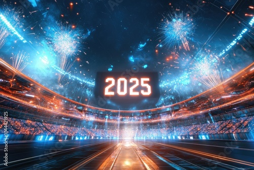 A vibrant stadium celebrating the arrival of 2025, featuring dazzling lights and fireworks for a spectacular event.