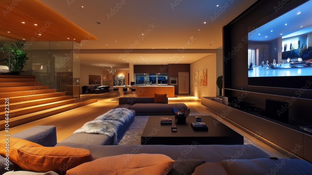 Modern Living Room with Sectional Sofa, Large Screen, and Wooden Stairs Modern Living Room with Sectional Sofa, Large Screen, and Wooden Stairs