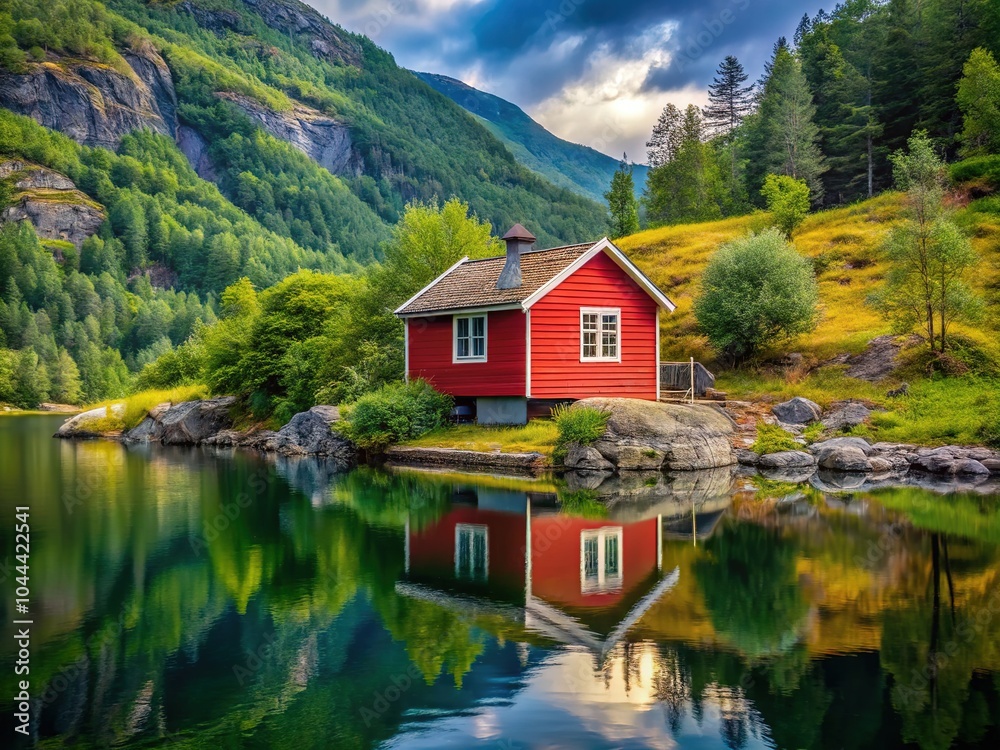 Fototapeta premium Discover a peaceful small house by a Norwegian lake, perfect for a relaxing getaway. Enjoy nature's beauty and serenity in this charming retreat.