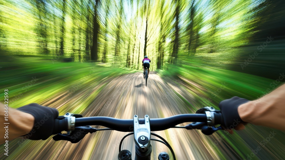 A cyclist rides through a vibrant, green forest, capturing a sense of speed and adventure on a dirt trail. A cyclist rides through a vibrant, green forest, capturing a sense of speed and adventure on a dirt trail.