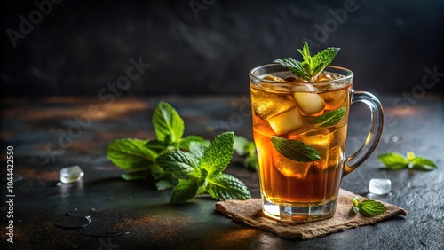 Refreshing cup of iced tea with fresh mint leaves on dark background, tilted angle