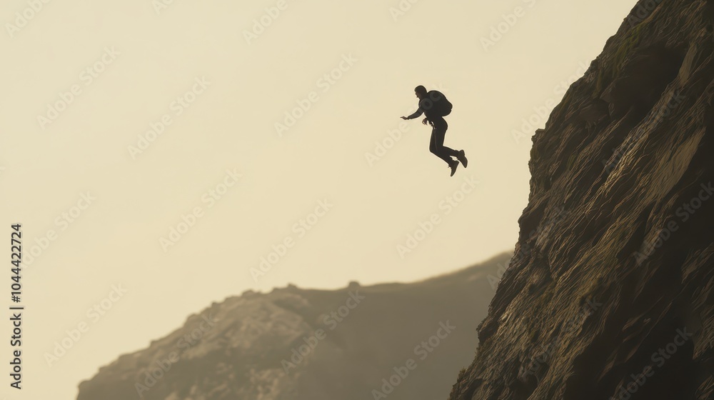 A silhouette of a climber leaps from a rocky cliff, embodying adventure and daring against a hazy backdrop. A silhouette of a climber leaps from a rocky cliff, embodying adventure and daring against a hazy backdrop.