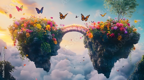 A surreal bridge made of light connecting two floating islands adorned with vibrant flowers and fluttering butterflies photo