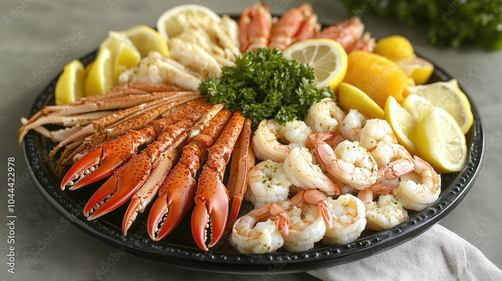 A fresh seafood platter featuring lobster tails, shrimp, crab legs, and lemon wedges. A fresh seafood platter featuring lobster tails, shrimp, crab legs, and lemon wedges.