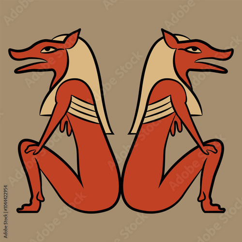 Symmetrical animal design with two seated Ancient Egyptian pharaoh foxes.