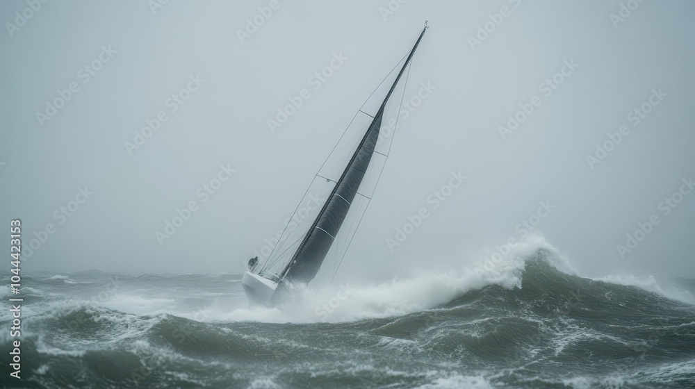 Obraz premium A sailboat navigates rough seas amid a storm, showcasing resilience against powerful waves and inclement weather.