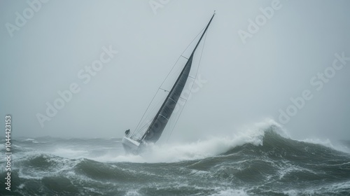 A sailboat navigates rough seas amid a storm, showcasing resilience against powerful waves and inclement weather.