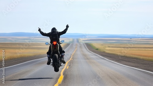 A motorcyclist joyfully rides on an empty road, performing a wheelie with arms raised, showcasing freedom and adventure in a scenic landscape. photo