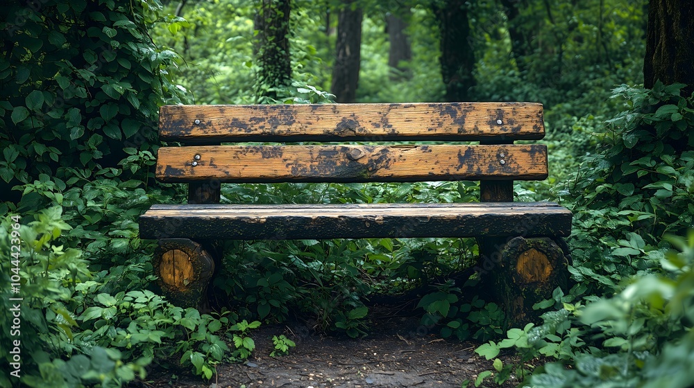 weathered wooden bench located in a small clearing in a dense, overgrown forest. weathered wooden bench located in a small clearing in a dense, overgrown forest.