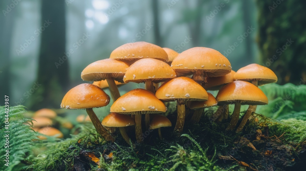 Cluster of Honey Mushrooms Growing on Mossy Forest Floor Cluster of Honey Mushrooms Growing on Mossy Forest Floor