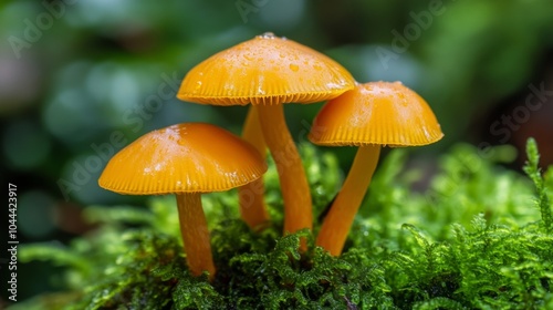 Three Golden Mushrooms with Water Droplets on Moss