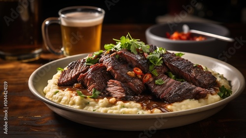 An artistic dish combining the best of both worlds: Tex-Mex BBQ brisket with Cajun spices, served with a side of creamy jalapo grits and a garnish of fresh herbs.