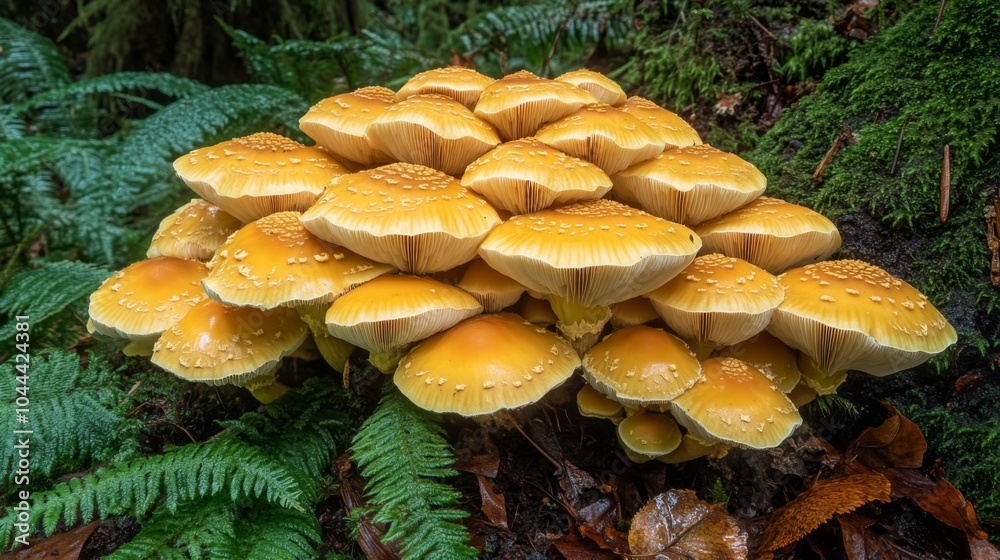 Cluster of Yellow Mushrooms in a Forest Setting