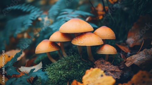 Orange Mushrooms Growing Amongst Autumn Leaves and Moss