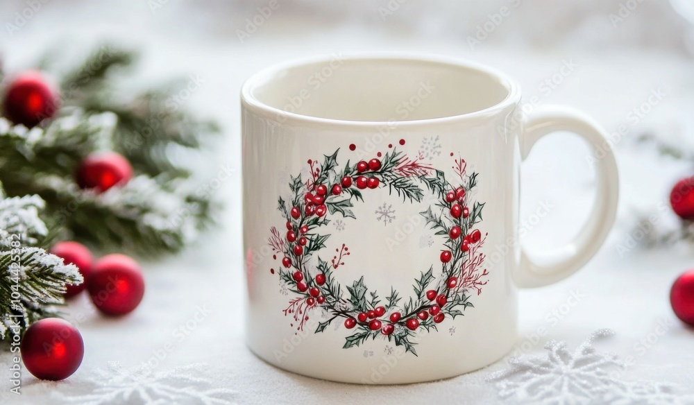 Fototapeta premium A clean and simple flat-lay of a Christmas mug with a wreath design, red berries, and delicate white snowflakes on a white table