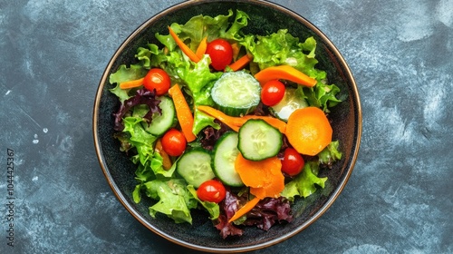 An overhead shot of a colorful salad with lettuce, carrots, cucumber, and cherry tomatoes in a ceramic bowl.