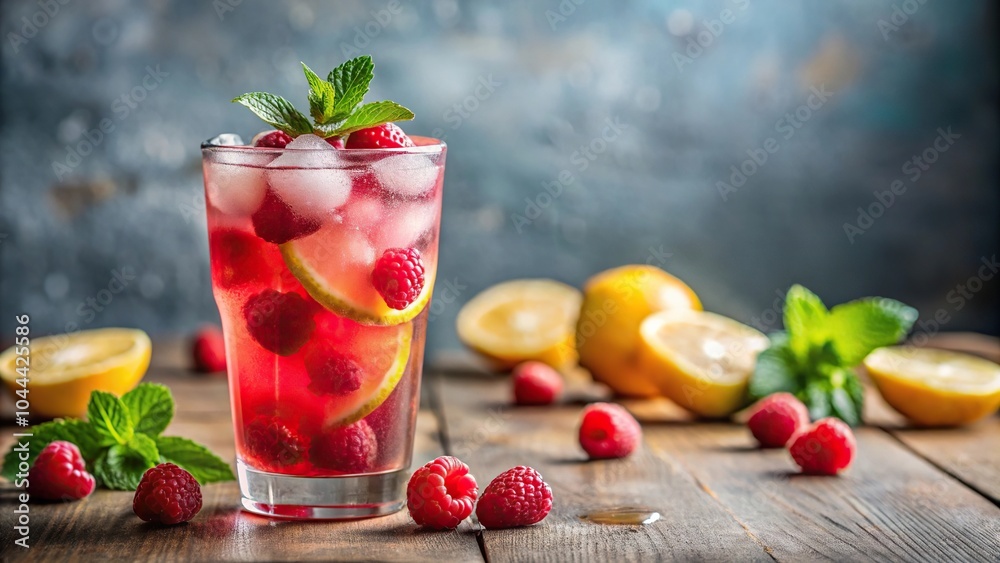 Refreshing raspberry lemonade drink with ice cubes in a glass against a blue sky Refreshing raspberry lemonade drink with ice cubes in a glass against a blue sky