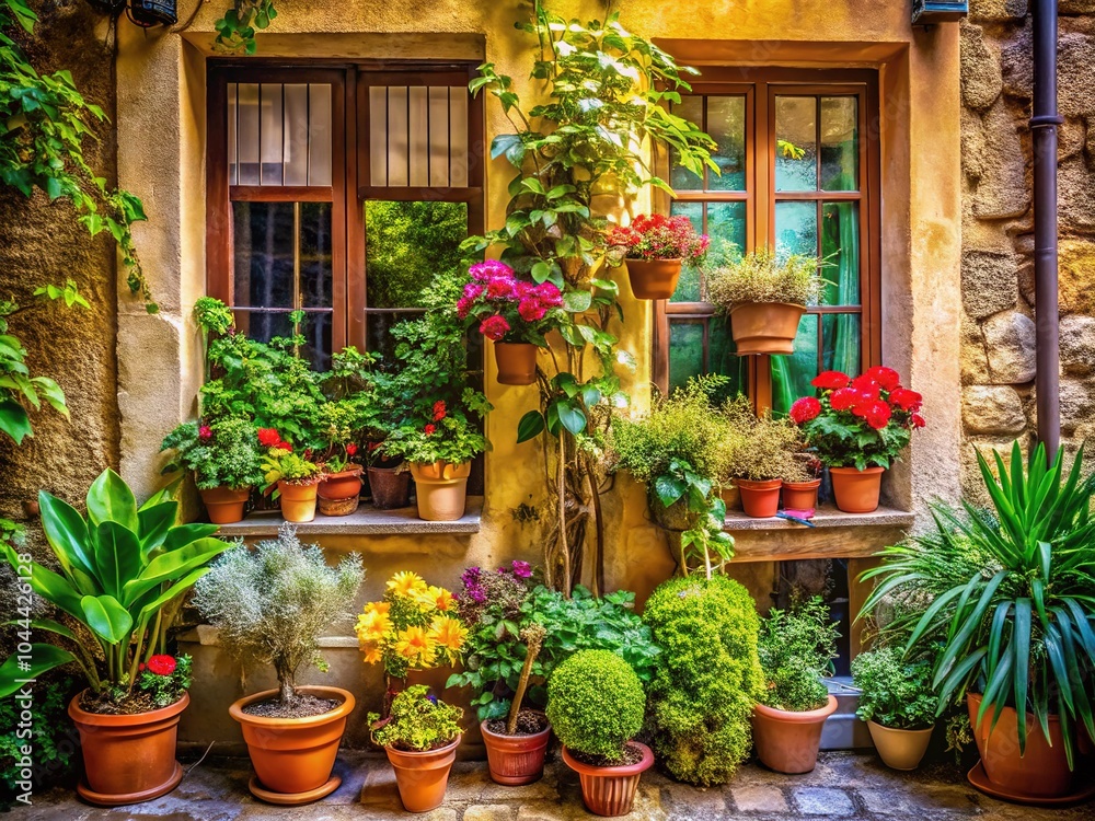 Obraz premium Experience a cozy atmosphere with window plants, nestled in a charming street, inspiring your home decor while providing a peaceful retreat for relaxation.