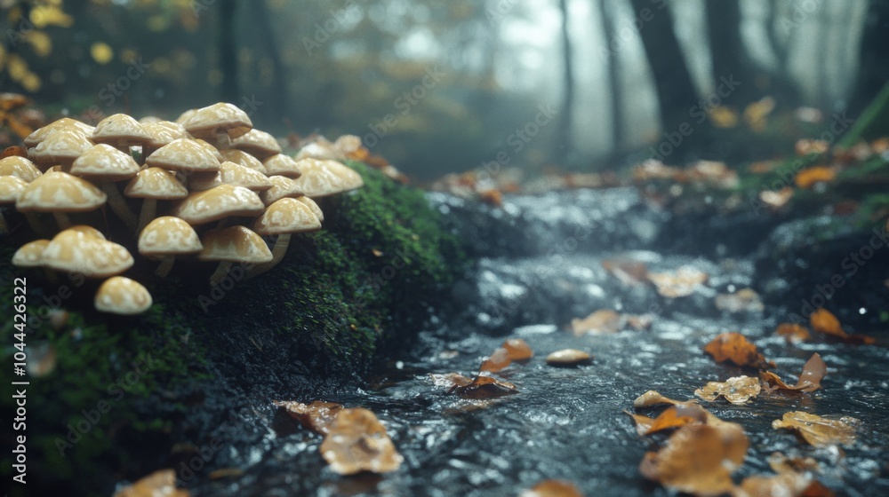 Obraz premium Cluster of Mushrooms Beside a Misty Stream in a Forest